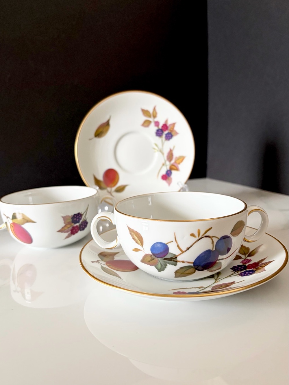 SET of 2 Evesham Soup Bouillon Cups & Saucers by Royal Worcester